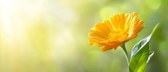  A tight shot of a yellow bloom and its adjacent green leaf in the front, framed against a backdrop of intense luminosity