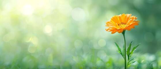 Poster -  A solitary orange blossom atop a verdant grass expanse, sunlit trees in the backdrop