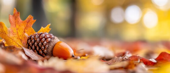 Canvas Print -  A tight shot of a leaf and pine cone on the forest floor, surrounded by fallen autumn leaves