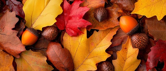 Canvas Print -  A collection of leaves and acorns overlapping on a russet-hued bed of brown, yellow, and red autumn leaves