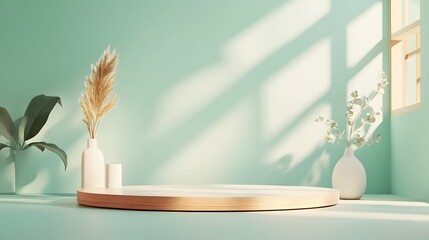 Minimalist 3D studio room design with muted sage green background empty floor and wall product podium centerpiece warm shadow overlay from window across countertop mockup with natural sunlight