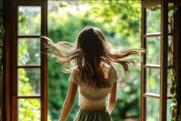 Canvas Print - A woman stands in front of an open window with a view outside