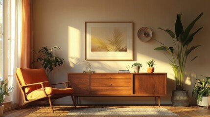 Wall Mural - A peaceful scene with a chair and a dresser in a comfortable living room