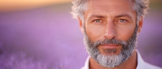  A man with grey hair and beard is depicted in a tight shot, wearing a white shirt amidst a lush field of lavender flowers