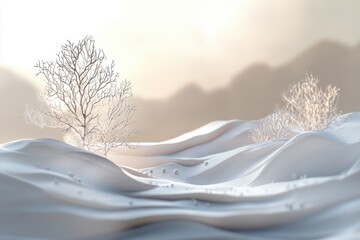 Wall Mural - A snowy landscape with a tree standing tall