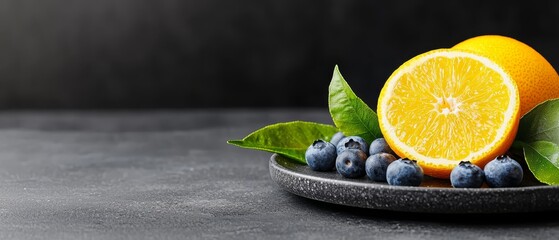 Poster - blueberries and oranges against a gray backdrop, accompanied by green leafy foliage