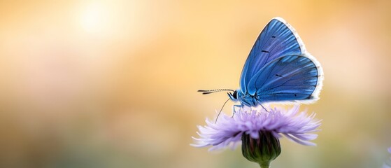 Wall Mural -  A blue butterfly, in tight focus, atop a purple flower against a softly blurred backdrop of yellow and pink hues