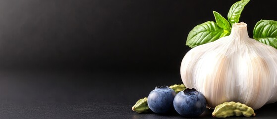 Wall Mural -  A garlic bulb adjacent to two blueberries and a verdant, leafy plant against a black backdrop