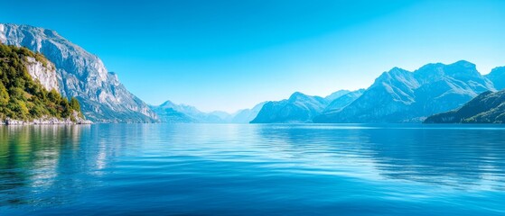 Wall Mural -  A scene featuring a body of water, surrounded by a mountain range, and a blue expanse of sky overhead