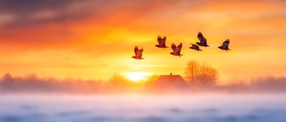 Wall Mural -  A flock of birds flies overhead, silhouetted against a fog-shrouded sunset field In the foreground, a house is visible Behind it, trees stand out