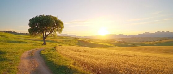 Canvas Print -  A solitary tree marks the midst of a wheat field as the sun descends, with mountains' silhouettes distancing in the horizon