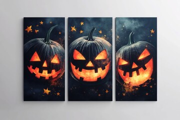 Canvas Print - Three carved pumpkins with glowing faces, a spooky Halloween decoration