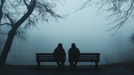 Canvas Print - Two individuals sitting on a park bench amidst foggy weather, ideal for use in scenes depicting contemplation or solitude