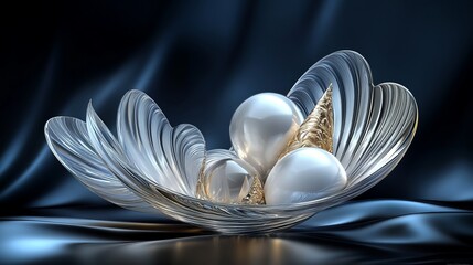 3D rendering of glossy white and gold spheres and glass spheres with white and gold swirls in an elegant vase against a dark background with reflective lighting and a luxurious finish.