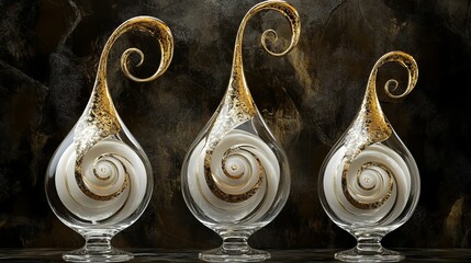 3D rendering of glossy white and gold spheres and glass spheres with white and gold swirls in an elegant vase against a dark background with reflective lighting and a luxurious finish.