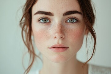 Canvas Print - A close-up view of a woman's face with noticeable freckles