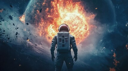 Wall Mural - astronaut stands near massive explosion on a distant planet