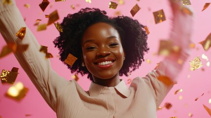 Poster - A joyful scene of a woman celebrating with confetti, ideal for parties and celebrations