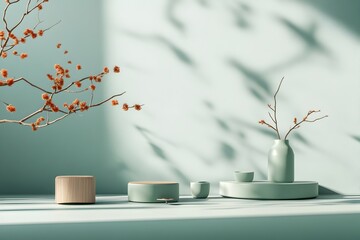 Wall Mural - A tranquil 3D studio setting with a subdued teal color scheme an uncluttered floor and a prominent product display platform  Gentle shadows from a nearby window drift across the tabletop