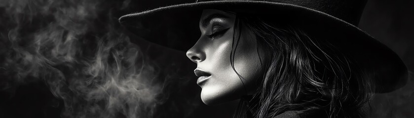 Canvas Print - A mysterious woman in a wide-brimmed hat, captured in a striking black and white portrait with swirling smoke.