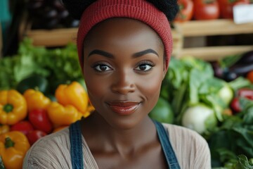 Poster - A woman wearing a red headband stands amidst various vegetables, great for food or gardening-related concepts