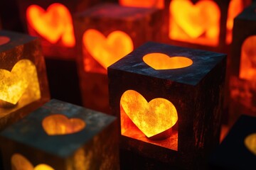 Sticker - A group of transparent cubes with glowing hearts inside, lit up the dark space