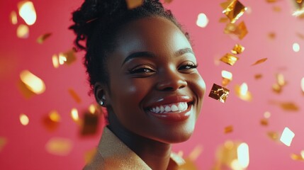 Sticker - A happy woman celebrates with gold confetti falling around her