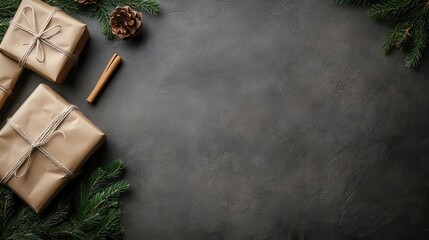 The image showcases brown paper-wrapped gifts tied with twine, surrounded by evergreen branches and a cinnamon stick, set against a dark textured backdrop.