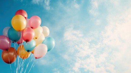 A vibrant bunch of assorted colored balloons ascending into a bright blue sky with scattered clouds, symbolizing joy, freedom, and celebration.