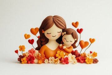 Poster - A figurine of a loving mother and child surrounded by flowers and hearts, perfect for family-themed designs