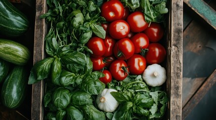 A top-down view into a wooden crate packed with fresh, red tomatoes, verdant basil, and garlic, representing culinary art and the farm-to-table movement.