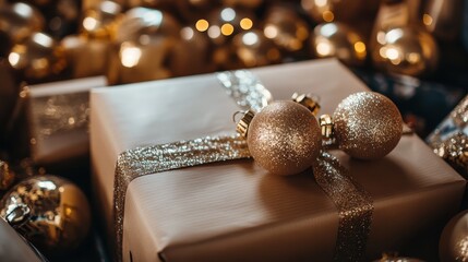 A chic gift box wrapped in gold paper with a glittery ribbon sits surrounded by shiny, gold ornaments, embodying festive elegance and luxury.