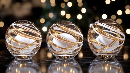 3D rendering of glossy white and gold spheres and glass spheres with white and gold swirls in an elegant vase against a dark background with reflective lighting and a luxurious finish.