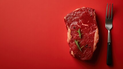 A fresh, uncooked steak sits on a bold red background with a fork nearby, seasoned with sprigs of rosemary and pepper, highlighting its culinary appeal.