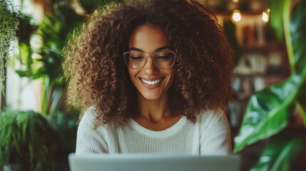 A woman with glasses smiles at her laptop, surrounded by lush greenery, creating a cozy and inspiring work environment for creative and productive tasks.