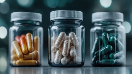 three transparent jars contain colorful capsules, displayed on a reflective surface with a soft boke