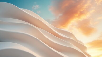 A contemporary architectural design with wave-like structures set against a vibrant sunset sky, blending innovation and natural beauty in a stunning visual harmony.