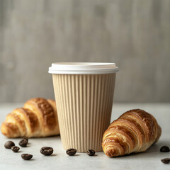 paper cup filled with coffee sits alongside two fresh croissants, creating delightful breakfast scene. warm tones and textures evoke cozy atmosphere perfect for enjoying morning treat