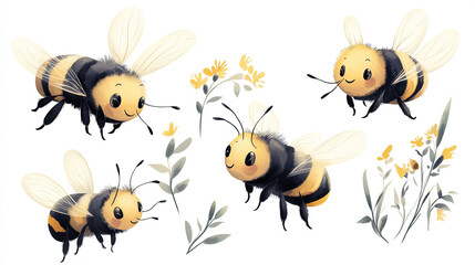 set of Cute cartoon bee illustrations in watercolor style with bold outlines. chibi style, No shadows. Minimalist children's illustration