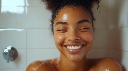 Wall Mural - A young woman smiling as she takes a shower in her bathroom