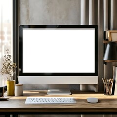 Canvas Print - A modern workspace featuring an empty computer screen, keyboard, and decorative items on a wooden desk.