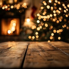 A cozy holiday setting with a wooden table in front of a softly lit Christmas tree and fireplace.