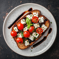 Delicious rye toast topped with feta cheese, cherry tomatoes, and fresh basil, drizzled with balsamic glaze, creating vibrant and appetizing dish