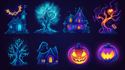 halloween badge designs silhouette with neon light rtx effects: spooky haunted houses, eerie trees, witches, bats, and jack-o'-lanterns for stickers and decoration, halloween, pumpkin, illustration, v