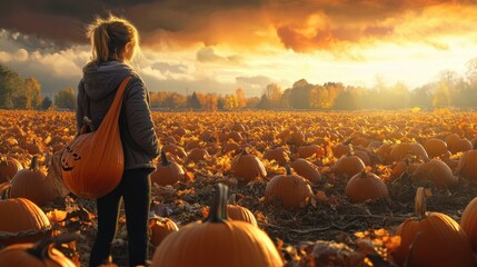 woman at a pumpkin patch before halloween