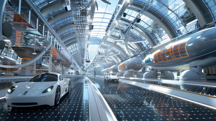 Wall Mural - a futuristic renewable energy expo showcasing smart grid technologies that manage solar and wind pow