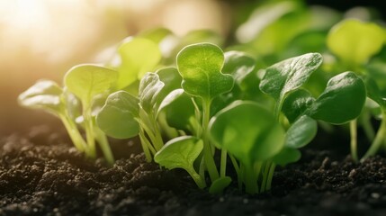 Young spinach microgreens sprout energetically from rich garden soil, illustrating the promise of growth and bounty under the nurturing touch of sunlight.