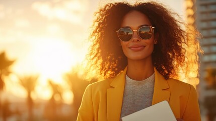 A confident woman in sunglasses and yellow attire holds a tablet, enjoying the sun in an urban setting, representing ambition and modern lifestyle style.