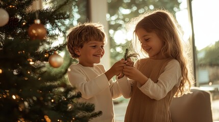 Two joyful children are decorating a Christmas tree together, creating a festive atmosphere full of warmth and celebration, surrounded by soft holiday lights indoors.