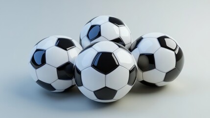 Four classic black and white soccer balls stacked on a white background.